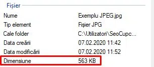 Exemplu de specificații ale unui fișier JPEG 