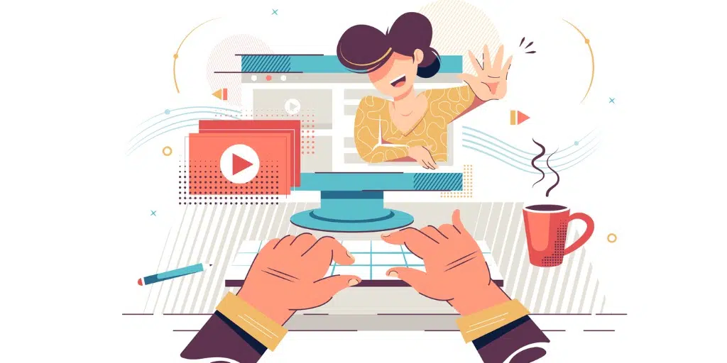 6061e6e3e5abb87a5ce1df70 flat hand man watching video content with young woman in website vector id1153689498