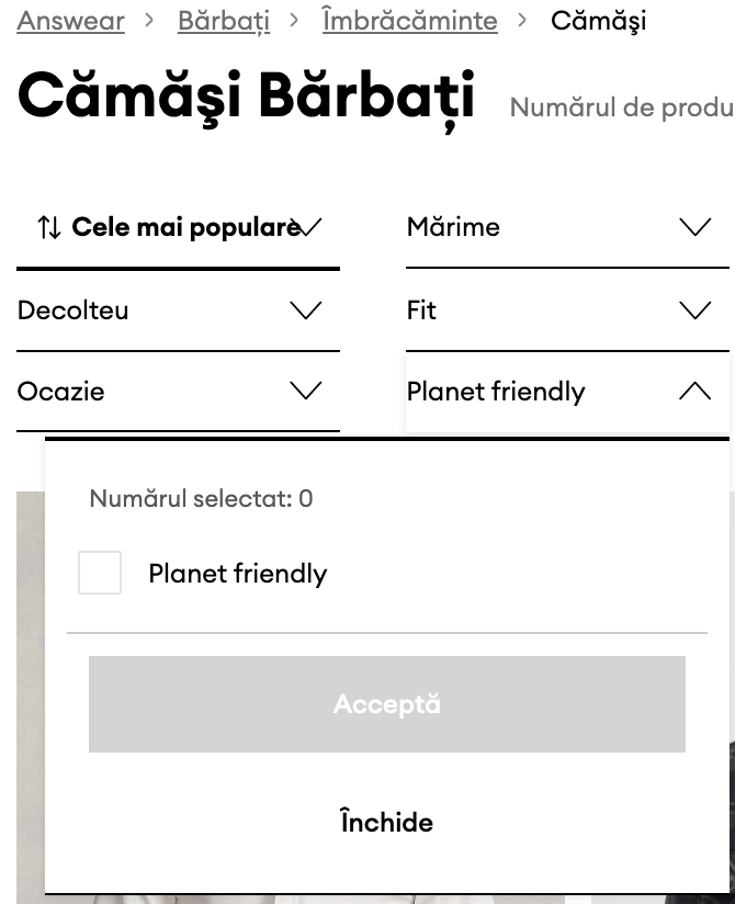 Exemplu de filtru pe site-ul Answear cu oferta de produse 'planet friendly' - Limitless.ro