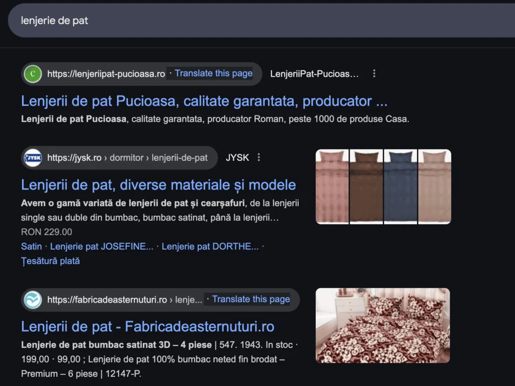 Exemplu de SERP - primele rezultate organice pentru căutarea 'lenjerie de pat'