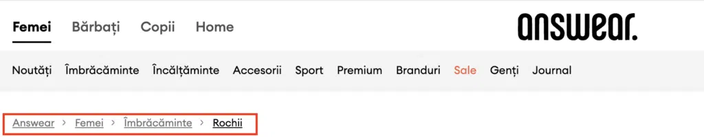 Exemplu de breadcrumbs in design ul site ului Answear