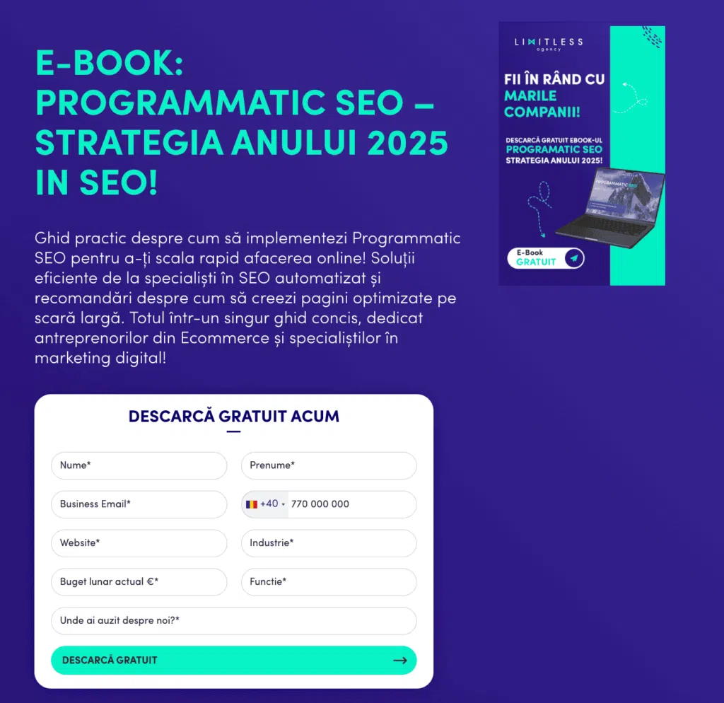 Exemplu de landing page pentru generarea de lead uri prin descarcarea unui e book