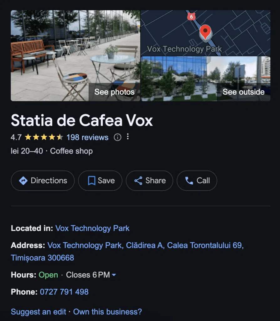 Google Business Profile pentru o cafenea din Timisoara